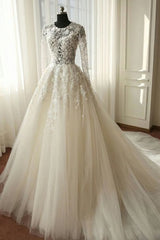 Wedding Dresses Under 10001, 2024 Newest A Line Long Sleeves Tulle With Appliques Wedding Dresses