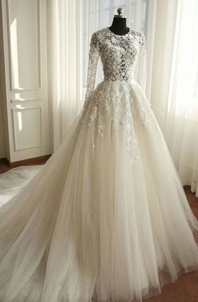 Wedding Dress Lace Sleeve, 2024 Newest A Line Long Sleeves Tulle Wedding Dresses