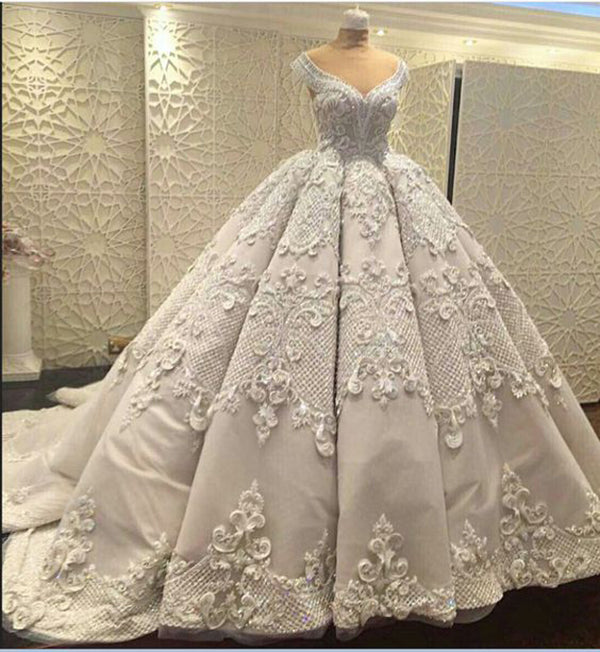 Wedding Dress Cheap, Gorgeous Sleeveless V Neck Lace Appliques Ball Gown Wedding Dresses
