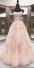 Party Dresses For Short Ladies, Lace Appliques Pink A LineTulle Long Prom Dresses With Straps