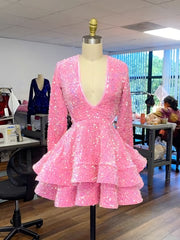 Prom Dress Open Back, Pink Cocktail Dresses A-Line V-Neck Long Sleeve Shiny Sequin Homecoming Dresses