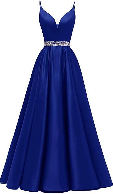 A-line Royal Blue Prom Dresses, Satin Prom Dress With Beading
