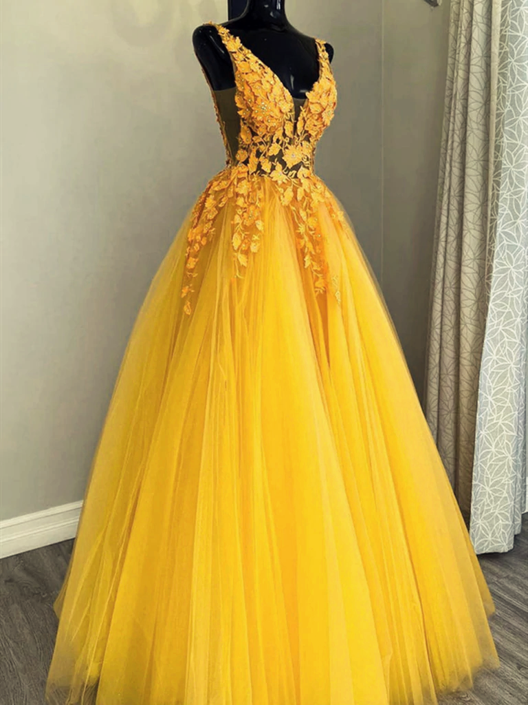 Prom Dresses Sleeve, Yellow Tulle With Lace Applique Long Party Dress, A-Line Yellow Formal Dress