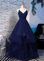 Pretty Navy Blue Prom Dresses, Tulle Straps Long Prom Dress