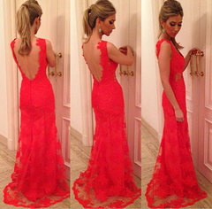 Prom Dresses Spring, Custom Made V Neck Back Mermaid Backless Red Lace Prom Dresses, Red Lace Formal Dresses