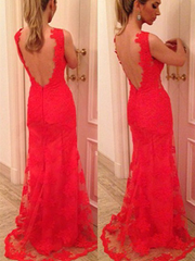 Prom Dress Princesses, Custom Made V Neck Back Mermaid Backless Red Lace Prom Dresses, Red Lace Formal Dresses