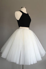 Evening Dress Lace, Two Piece Halter Knee Length Short Sleeveless Black Ivory Tulle Homecoming Dresses