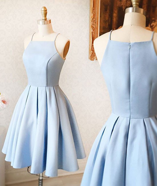 Quince Dress, cute a line halter light blue short homecoming prom dress short simple satin baby blue party dress
