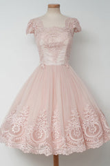 Evening Dresses 90030, Vintage Knee Length A Line Pearl Pink Lace Homecoming Dresses