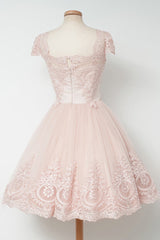 Evening Dress Gown, Vintage Knee Length A Line Pearl Pink Lace Homecoming Dresses