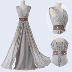 Grey Chiffon Long V-Neck Long Prom Dresses