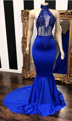 Prom Dress Beautiful, High neck halter beaded royal blue satin . Sleeveless. Illusion beading bodice. Mermaid long with sweep train Prom Dresses