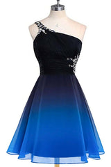 Homecoming Dresses Shop, A Line Ombre Blue And Black One Shoulder Short Dc289 Prom Dresses