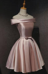 Prom Dresses Burgundy, Pink Satin Off Shoulder Cute 2024 Pink Homecoming Dresses