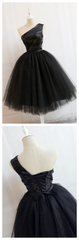 Prom Dress Cute, Black One Shoulder Short Black Tulle Homecoming Dresses