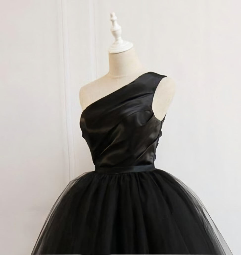 Prom Dresses Cute, Black One Shoulder Short Black Tulle Homecoming Dresses