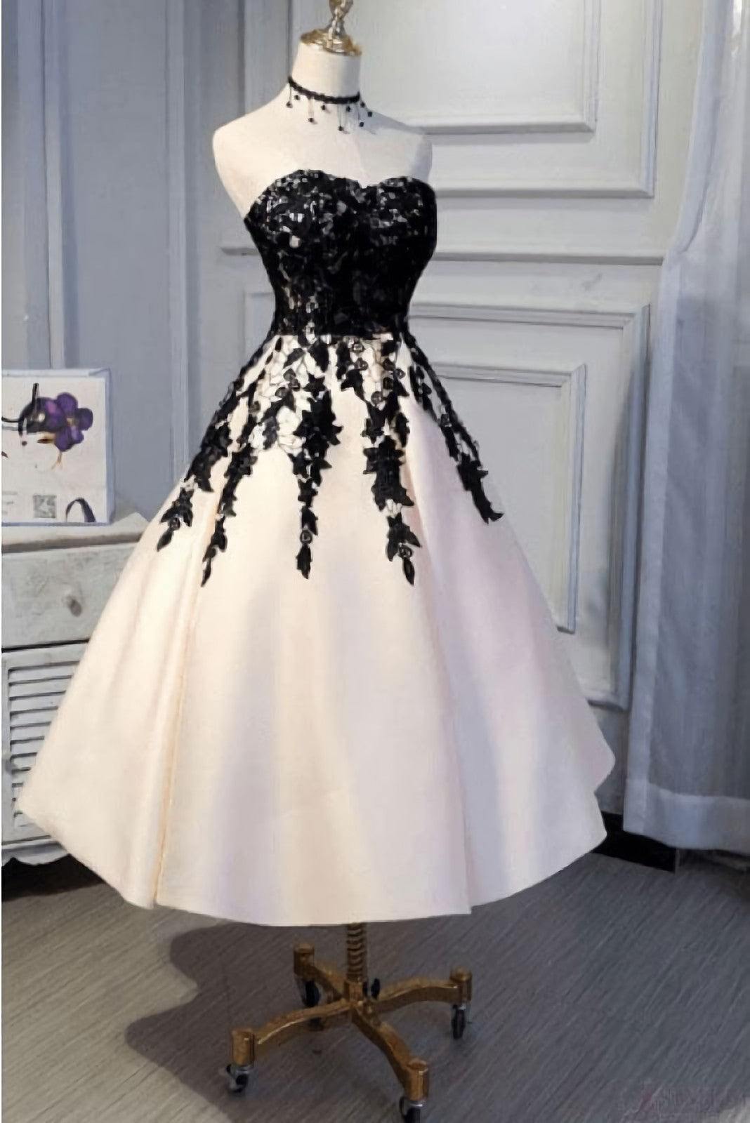 Prom Dress Websites, Ankle Length Strapless with Black Lace A Line Princess Homecoming Dresses