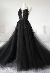 Prom Dresses V Neck, Black tulle applique long fabulous custom made black Evening Dresses