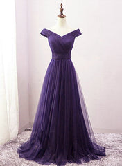 Prom Dress Champagne, Long Purple A-line Off the Shoulder Tulle Prom Dresses