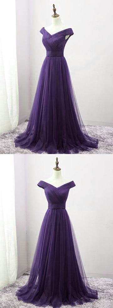 Prom Dresses Blue Light, Long Purple A-line Off the Shoulder Tulle Prom Dresses