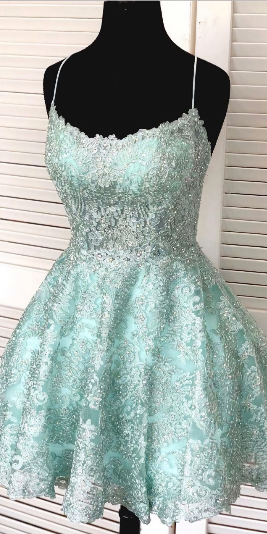 Prom Dresses Mermaid, Auby Outfit Spaghetti-straps Mint Green Short Lace Backless Homecoming Dresses