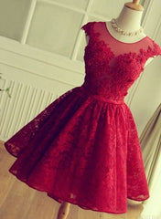 Homecoming Dresses Short Prom, A Line Crew Cap Sleeves Red Lace Homecoming Dress With Appliques
