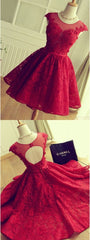 Homecoming Dress Short Prom, A Line Crew Cap Sleeves Red Lace Homecoming Dress With Appliques