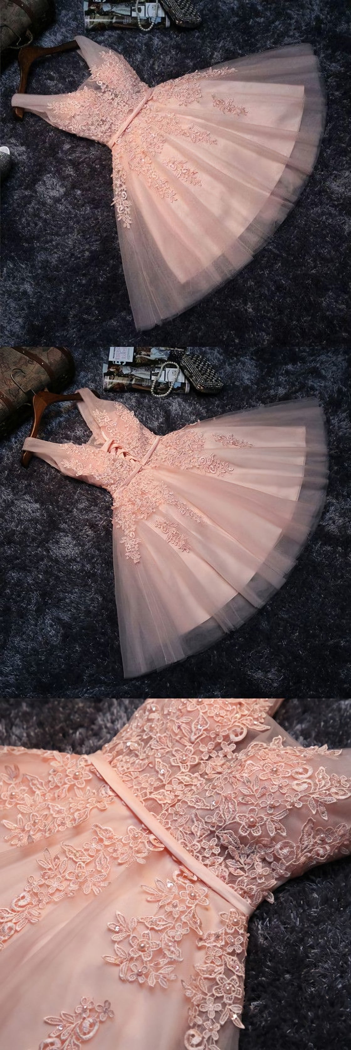 Homecoming Dresses 2025, Princess V Neck Lace Appliques Beaded Short Prom Dress, Homecoming Dresses