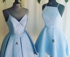 Homecoming Dresses Laces, A Line V Neck Light Sky Blue Short Homecoming Dress With Pleats