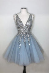 Prom Dresse 2033, Sparkly A-line Deep V-neck Light Blue Short Homecoming Dresses