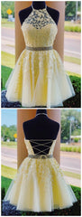 Prom Dress Designs, Charming A-Line Halter Cross Back Yellow Tulle Short with Appliques Homecoming Dresses