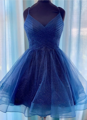 Prom Dresses Off The Shoulder, Sparkly Navy Blue V-neck Short Homecoming Dresses