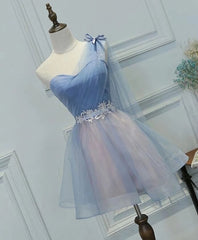 Prom Dress Colorful, One Shoulder Tulle Sweetheart Short Blue Homecoming Dresses