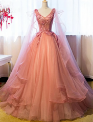 Prom Dresses Vintage, Tulle Sweet 16 With Lace Applique Long Party Dresses