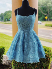 Bridesmaid Dresses Blushes, A Line Backless Lace Blue Short Prom Dresses, Homecoming Dresses, Backless Blue Lace Formal Graduation Evening Dresses