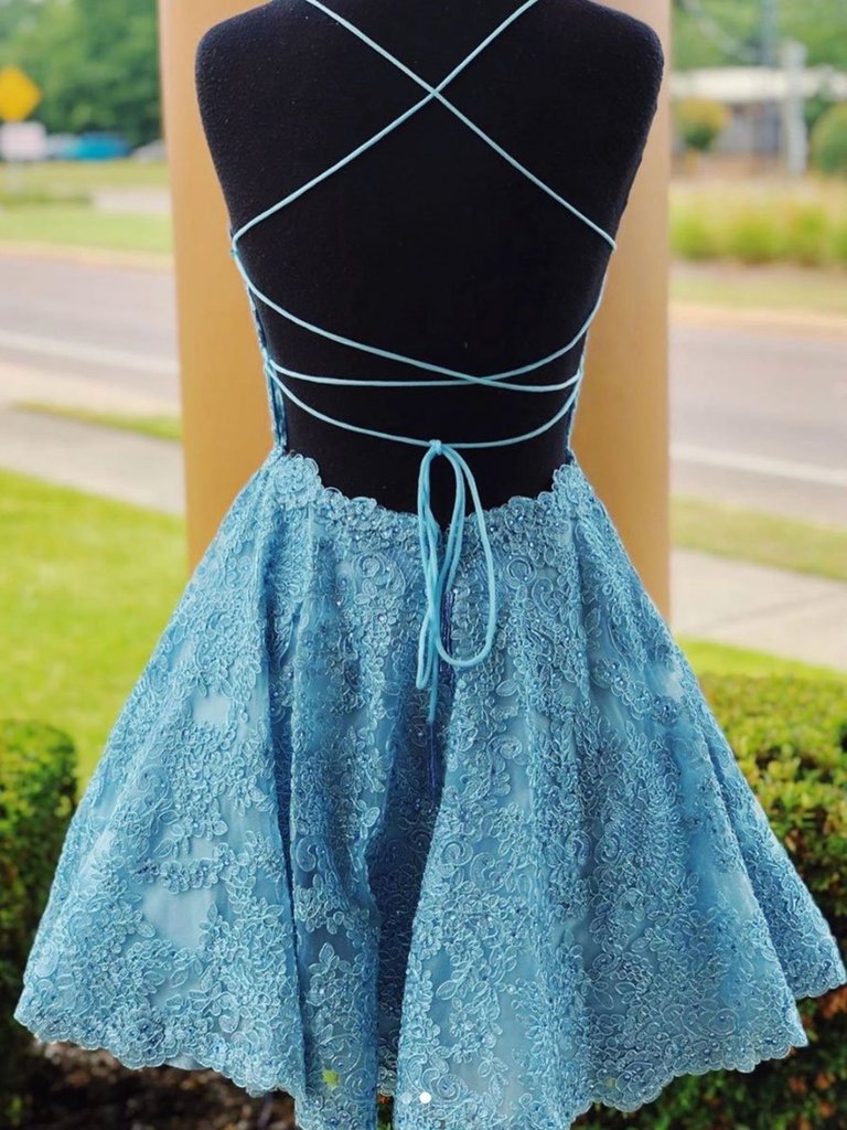 Bridesmaid Dress Blushes, A Line Backless Lace Blue Short Prom Dresses, Homecoming Dresses, Backless Blue Lace Formal Graduation Evening Dresses