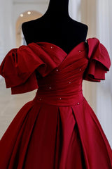 Bridesmaids Dresses Online, Burgundy Satin Long A Line Prom Dress, Evening Dress
