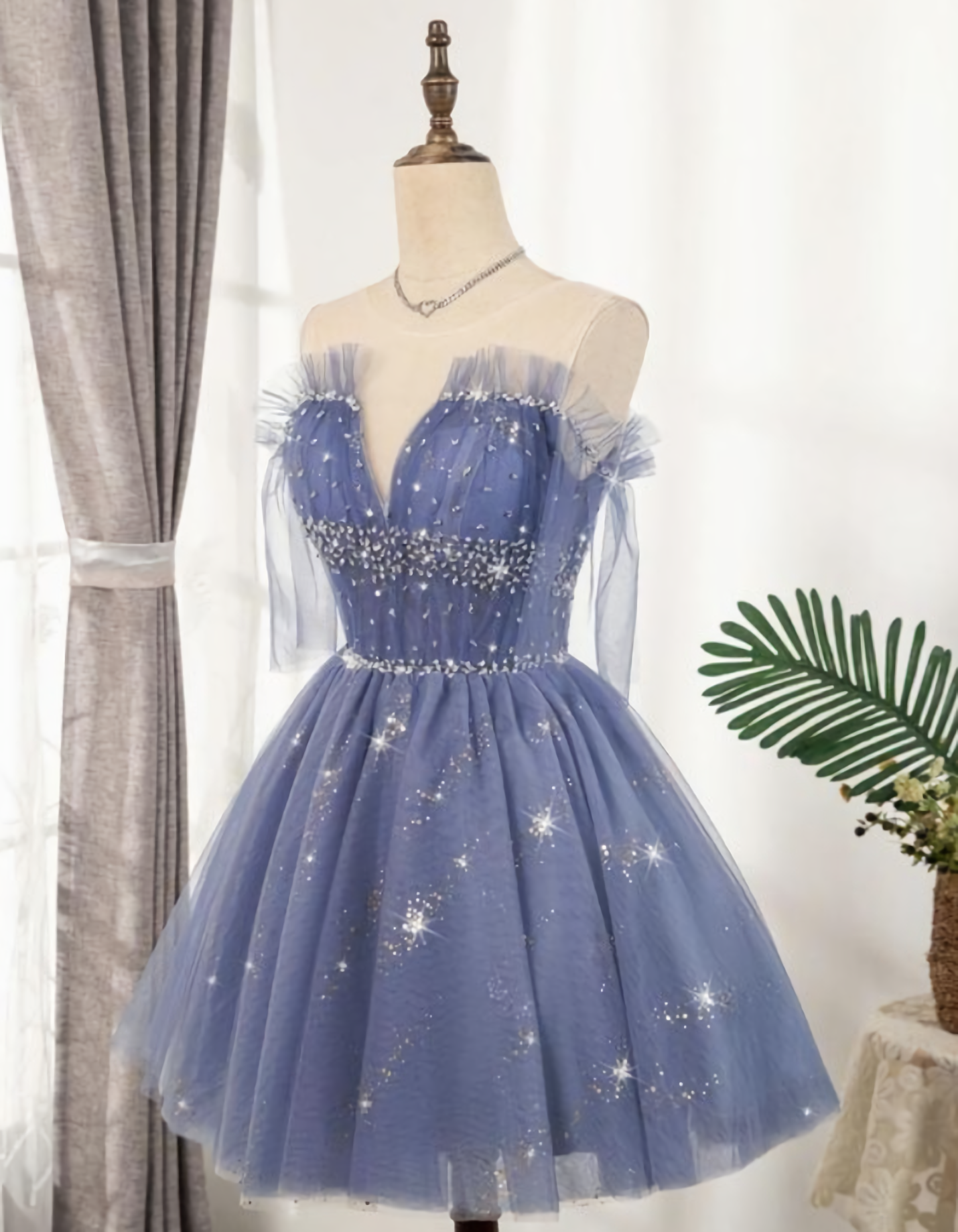 Homecoming Dress Shops, Flowy Cute A Line Blue Homecoming Dresses, Short Beading