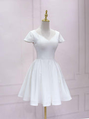 Bridesmaids Dresses Orange, White V Neck Satin Lace Short Prom Dress, White Homecoming Dress
