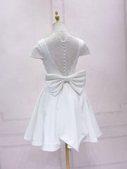 Bridesmaid Dress Orange, White V Neck Satin Lace Short Prom Dress, White Homecoming Dress