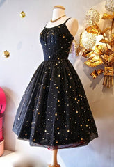 Vintage Prom Dress, sexy spaghetti straps black shiny short homecoming dress party dresses