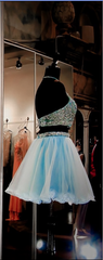 Wedding Dresses Under 102, Two Pieces Light Blue Short High Neck Open Back Rhinestones Mid Section Sky Blue Prom Dresses
