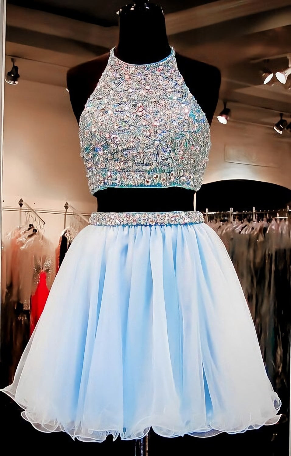 Homecoming Dress Formal, 2024 Beautiful Short Two Pieces Light Sky Blue Halter Open Back For Teens Prom Dresses