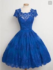 Prom Dresses Sites, Lace Cap Sleeves Junior Blue Homecoming Dresses
