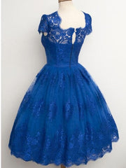 Prom Dress Sites, Lace Cap Sleeves Junior Blue Homecoming Dresses