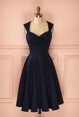 Homecoming Dresses For Girl, Vintage Simple Short Navy Blue Elegant Handmade Homecoing Homecoming Dresses