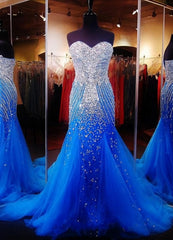 Homecoming Dress Sparkles, Royal Blue Prom Dresses, Royal Blue Prom Dress, Silver Beaded Formal Gown Mermaid Beadings Prom Dresses, Evening Gowns Tulle Formal Gown For Senior Teens
