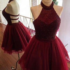 Prom Dress Shops, burgundy short halter sparkly semi beaded Homecoming Dresses