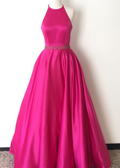 Prom Dress 2034, Custom Made Halter Neck SatinFloor-Length Long with Jewel Beaded Waistline Party Dresses