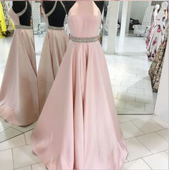 Long Dress Design, Pink Backless Halter Simple Handmade Plus Size Elegant Prom Dresses
